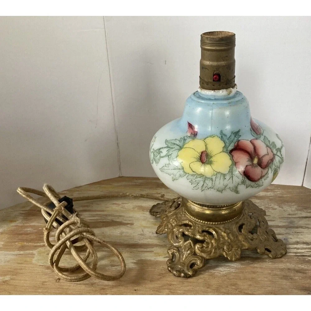 Antique vintage hand painted glass lamp blue with red yellow flowers cast base